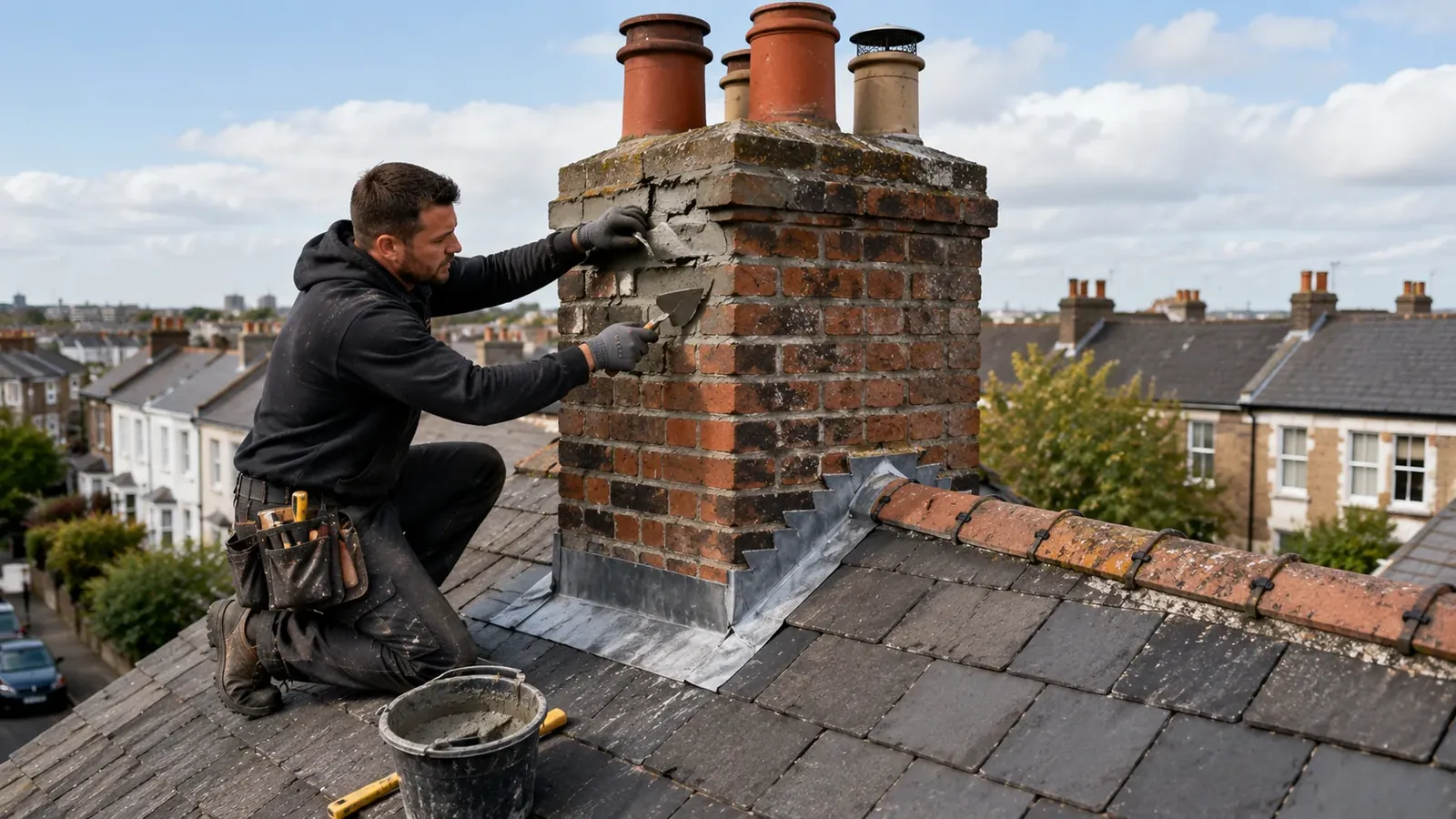 Chimney repair work on a residential roof