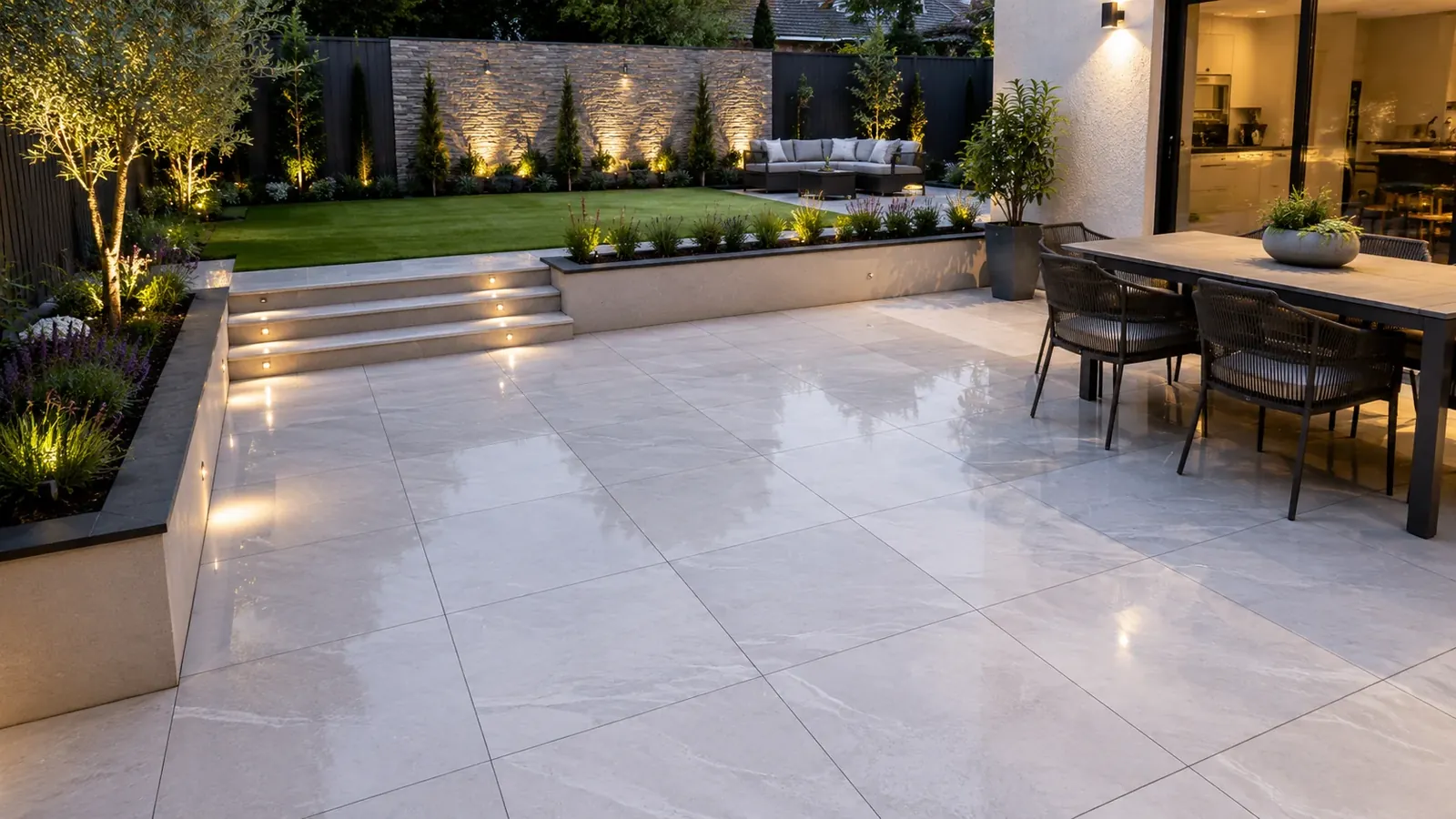 Completed landscaped garden with paving in a residential setting